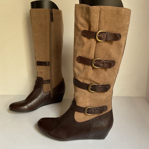 Crown Vintage Clover Knee High Leather & Suede Boots Brown Tan Size 8 - Picture 1 of 9